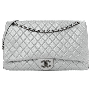 Chanel Silver Metallic Calfskin Quilted XXL Travel Flap Bag