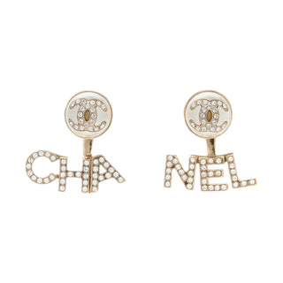 Chanel White Gold Pearl Crystal Logo Earrings