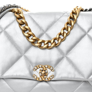 Chanel Silver Metallic Goatskin Quilted Large Chanel 19 Flap Bag