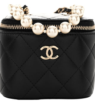 Chanel Black Lambskin Quilted Mini Vanity Case With Pearl Chain