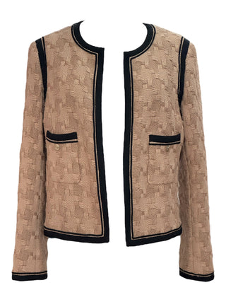 Chanel Beige Woven Tweed Jacket with Black Trim & Logo Buttons