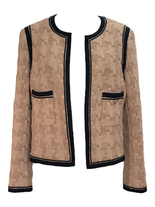 Chanel Beige Woven Tweed Jacket with Black Trim & Logo Buttons