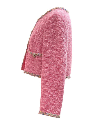 Chanel Pink Bouclé Tweed Cardigan Jacket With Textured Rainbow Trim