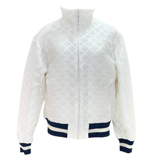 Chanel White Textured Diamond Quilted Bomber Jacket with Contrast Trim