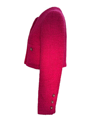 Chanel Fuchsia Pink Cropped Tweed Jacket With Textured CC Buttons