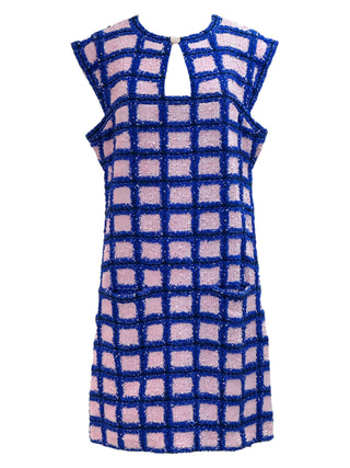 Chanel Textured Grid Shift Dress In Pink And Blue With Keyhole Neckline