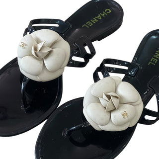 Chanel Black Camellia Flower Jelly Sandals with Gold CC Logo