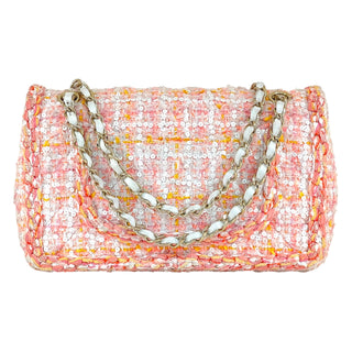 Chanel Pink & Orange Tweed Braid Sequin Medium Double Flap Bag