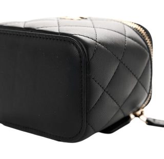 Chanel Black Lambskin Quilted Mini Vanity Case With Pearl Chain