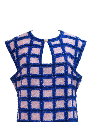 Chanel Textured Grid Shift Dress In Pink And Blue With Keyhole Neckline