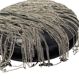 Chanel Black Leather Metal Fringe Round Chain Clutch