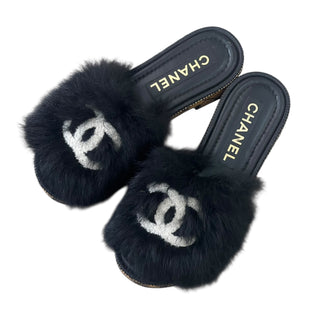 Chanel Black Fur CC Mules with Woven Platform Sole