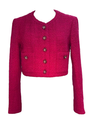 Chanel Fuchsia Pink Cropped Tweed Jacket With Textured CC Buttons