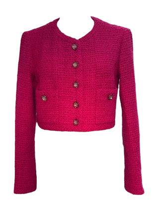 Chanel Fuchsia Pink Cropped Tweed Jacket With Textured CC Buttons