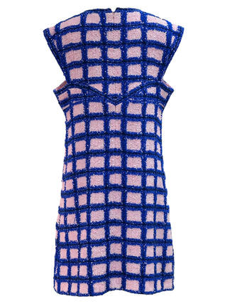 Chanel Textured Grid Shift Dress In Pink And Blue With Keyhole Neckline