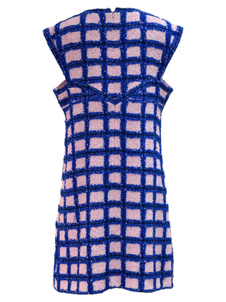 Chanel Textured Grid Shift Dress In Pink And Blue With Keyhole Neckline