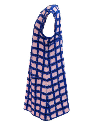 Chanel Textured Grid Shift Dress In Pink And Blue With Keyhole Neckline