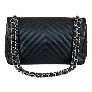 Chanel Black Chevron Quilted Lambskin Round Flap Bag With Silver-Tone Hardware
