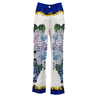 Dolce & Gabbana White Bouquet Printed Silk Button Down Belted Dress and Trousers Set