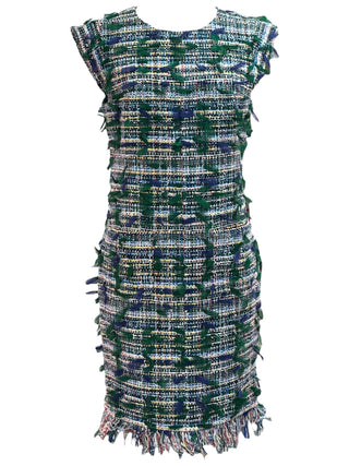 Chanel Green and Navy Textured Tweed Shift Dress With Frayed Trim
