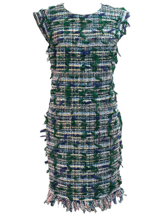 Chanel Green and Navy Textured Tweed Shift Dress With Frayed Trim