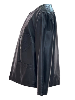 Chanel Black Lambskin Leather Jacket With Tonal Heart Logo Embroidery And Patch Pockets