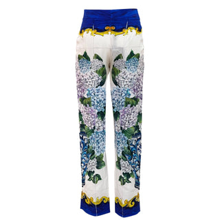 Dolce & Gabbana White Bouquet Printed Silk Button Down Belted Dress and Trousers Set