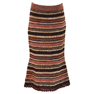 Chanel Brown Multicolor Striped Crochet Knit Midi Skirt with Scalloped Hem