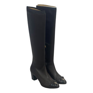 Chanel Black Lambskin Ruffle Cap Toe Knee High Boots