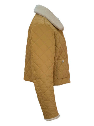 Chanel Camel Quilted Padded Jacket With Shearling Collar & Silver CC Buttons