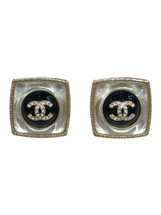 Chanel Square CC Stud Earrings With Black Enamel And Crystal Accents