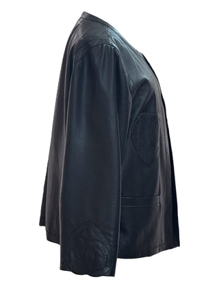 Chanel Black Lambskin Leather Jacket With Tonal Heart Logo Embroidery And Patch Pockets