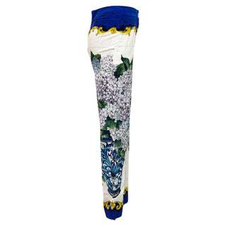 Dolce & Gabbana White Bouquet Printed Silk Button Down Belted Dress and Trousers Set