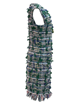 Chanel Green and Navy Textured Tweed Shift Dress With Frayed Trim
