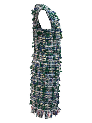 Chanel Green and Navy Textured Tweed Shift Dress With Frayed Trim