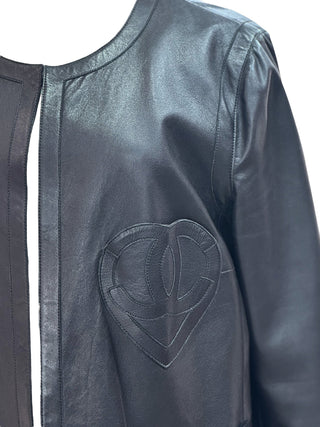 Chanel Black Lambskin Leather Jacket With Tonal Heart Logo Embroidery And Patch Pockets