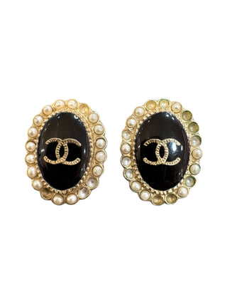 Chanel Oval Black Enamel Stud Earrings with Pearl Trim and Gold CC Logo