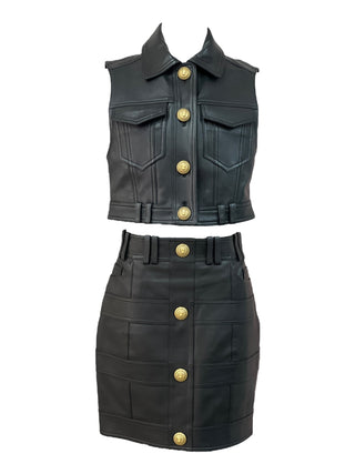 Balmain Black Leather Vest & Skirt Set with Gold Lion Buttons