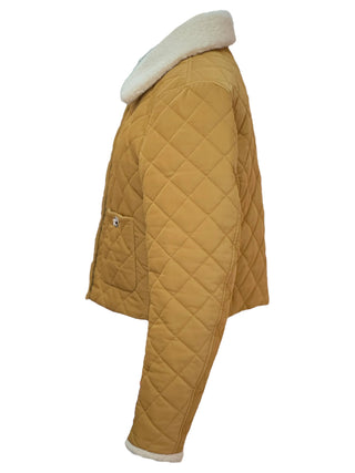 Chanel Camel Quilted Padded Jacket With Shearling Collar & Silver CC Buttons