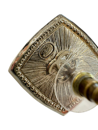 Chanel Square CC Stud Earrings With Black Enamel And Crystal Accents