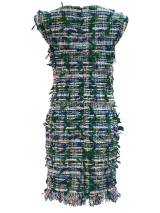 Chanel Green and Navy Textured Tweed Shift Dress With Frayed Trim