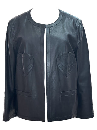 Chanel Black Lambskin Leather Jacket With Tonal Heart Logo Embroidery And Patch Pockets