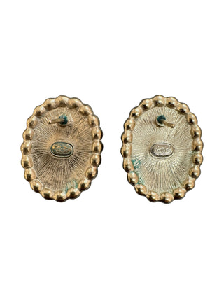Chanel Oval Black Enamel Stud Earrings with Pearl Trim and Gold CC Logo