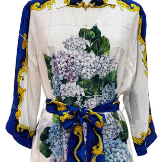 Dolce & Gabbana White Bouquet Printed Silk Button Down Belted Dress and Trousers Set