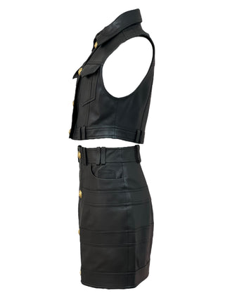 Balmain Black Leather Vest & Skirt Set with Gold Lion Buttons