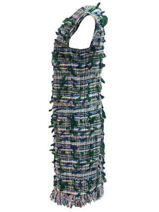 Chanel Green and Navy Textured Tweed Shift Dress With Frayed Trim