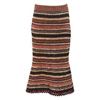 Chanel Brown Multicolor Striped Crochet Knit Midi Skirt with Scalloped Hem