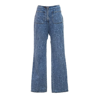 Chanel Blue Camellia Embossed High Waist Denim Pants