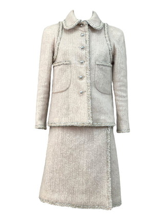 Chanel Blush Mélange Wool Skirt Suit With Silver Trim