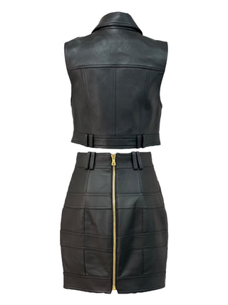 Balmain Black Leather Vest & Skirt Set with Gold Lion Buttons